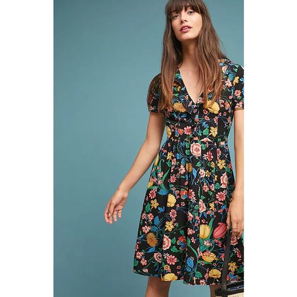Anthropologie Maeve Bloedel Floral Mini Dress Black Size 0 - Picture 1 of 13